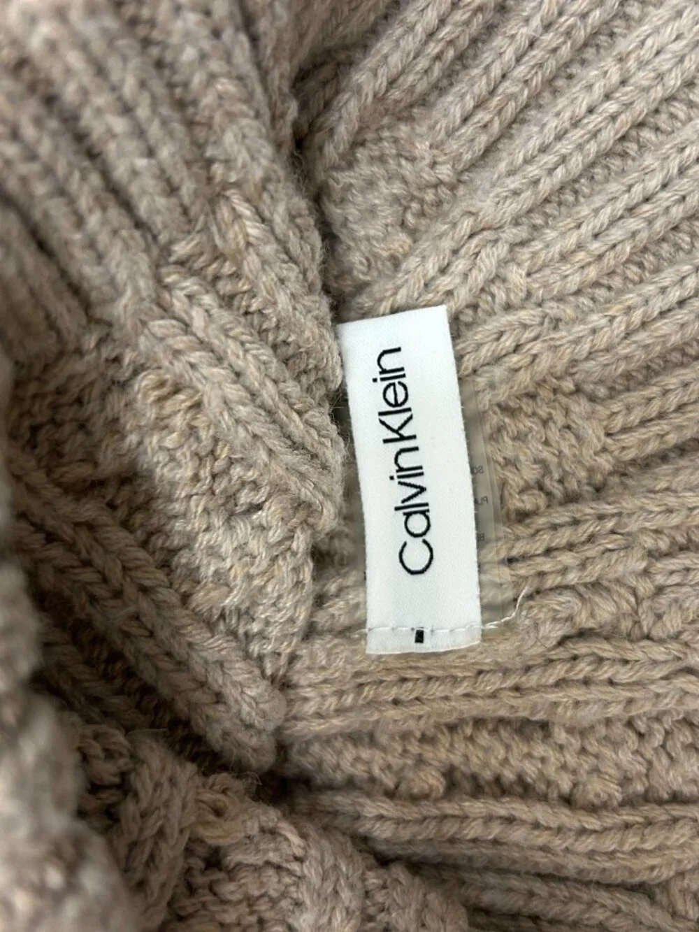 Calvin Klein Tan Knit Pom Pom Beanie Gray White Stripe Foldover One Size Winter